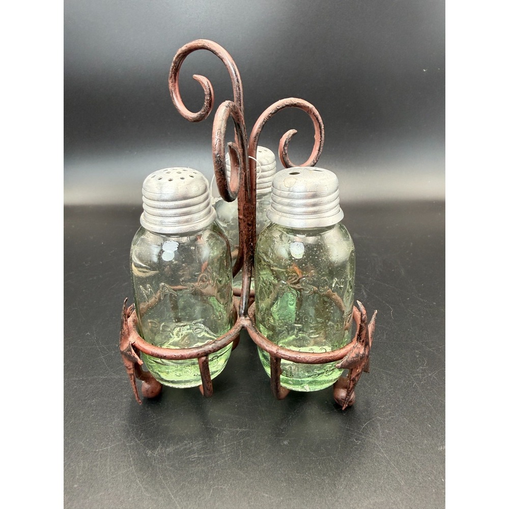 Mason Fruit Canning Jar BARN STAR Salt Pepper and Toothpick Shakers Caddy Holder